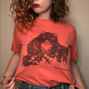 Vintage Single Stitch Neon Salmon Pink Cat Tee